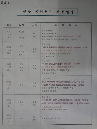 인천시 연수구의회 의원들의 국외연수 세부 일정표 13일부터 4박 5일 간의 일정으로 진행될 예정인 인천시 연수구의회 의원들의 국외연수 세부 일정표 <자료제공=인천시 연수구의회/사진=박봉민 기자>