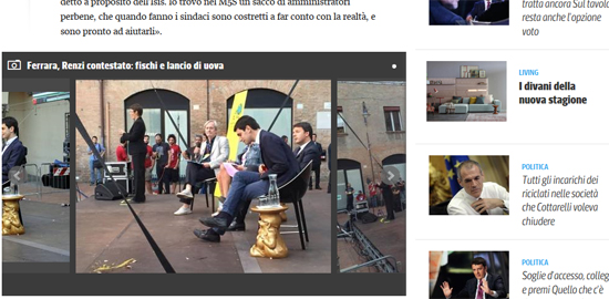 이탈리아 일간지 <코리에르> 인터넷판에 실린 렌치 총리가 달걀사례를 맞는 장면.
