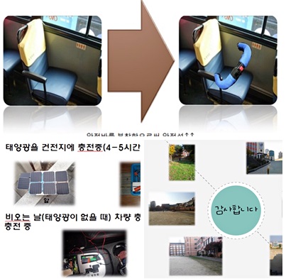 안전바를 이용한 시내버스 유아좌석(위쪽)과 태양광을 이용한 충전건전지(아래 왼쪽), 학교안 텃밭가꾸기 정책제안(아래 우측) 