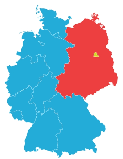 붉은색 가운데 노란부분이 베를린이다. 파란색은 서독, 붉은색은 동독영토다.