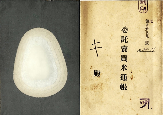 군산 쌀(米) 60배 확대 사진(왼쪽)과 군산 미두장 통장(오른쪽) 
