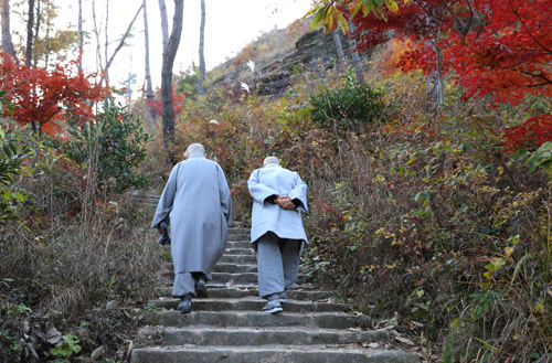  운주사 스님들. 산등성이에 있는 와불로 가는 계단을 오르고 있다.