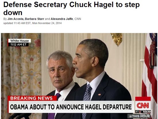 척 헤이글 미국 국방장관(왼쪽)이 사임을 발표하는 버락 오바마 대통령 기자회견 생중계 CNN 갈무리.