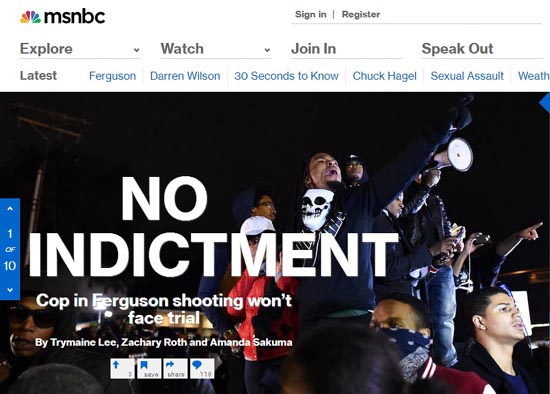 흑인 청년 총격 사망 사건에 대한 불기소 결정을 보도하는 NBC 뉴스 갈무리.