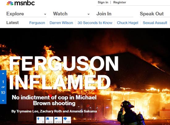 흑인 청년 총격 사망 사건에 대한 불기소 결정으로 벌어진 소요사태를 보도하는 NBC 뉴스 갈무리.