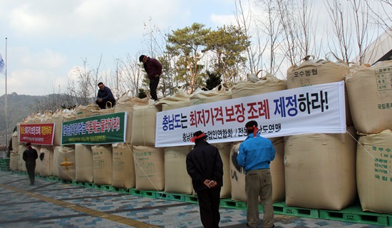 충남도청 앞에 쌓아 놓은 나락