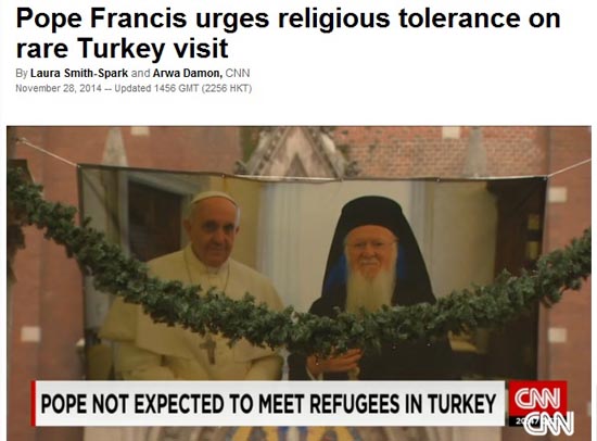 프란치스코 교황의 터키 방문을 보도하는 CNN 뉴스 갈무리.