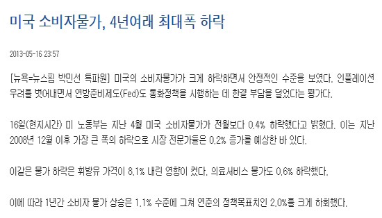 2013년도 지속적으로 물가가 하락하고 있는 미국 경제의 모습입니다