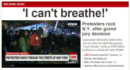 흑인 용의자를 목 졸라 숨지게 한 백인 경관의 불기소 처분에 대한 미국 뉴욕의 항의 시위를 보도하는 CNN 뉴스 갈무리.