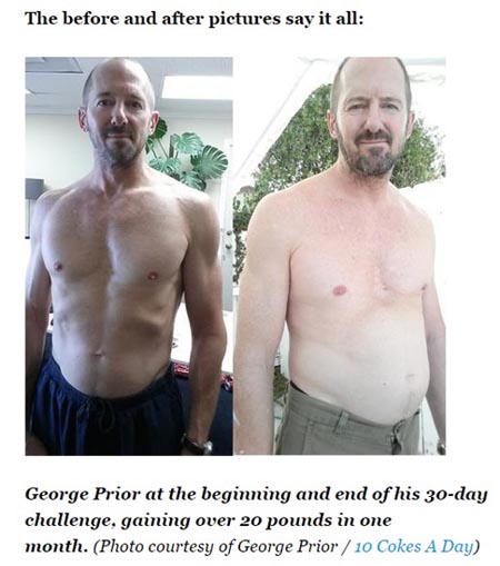한 달간 매일 콜라 10캔씩 마신 뒤 자신의 몸매 변화를 공개한 조지 프라이어