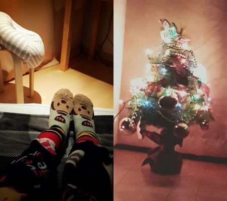  광희가 <오마이스타>에 공개한 일상. 수면바지 차림으로 수면양말을 신고 잠을 청하기 전(왼쪽), 직접 꾸민 크리스마스 트리(오른쪽) 