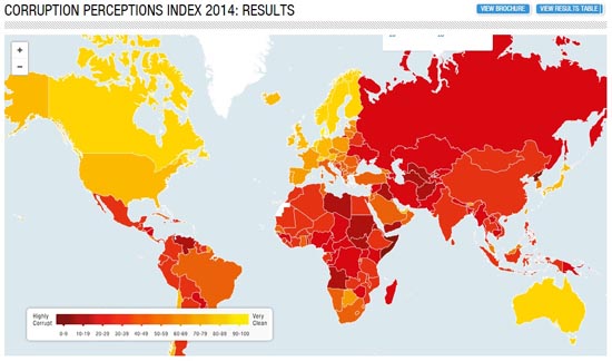 국제투명성기구가 공개한 2014년 세계 부패인식지수(CPI) 인포그래픽 갈무리.