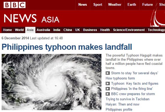 필리핀에 상륙한 태풍 하구핏 피해를 보도하는 영국 BBC 뉴스 갈무리.