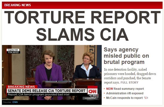 2014년 12월, 다이앤 파인스타인 미국 상원 정보위원장의 중앙정보국(CIA) 고문 실태 보고서 공개를 생중계하는 CNN 뉴스 갈무리. 