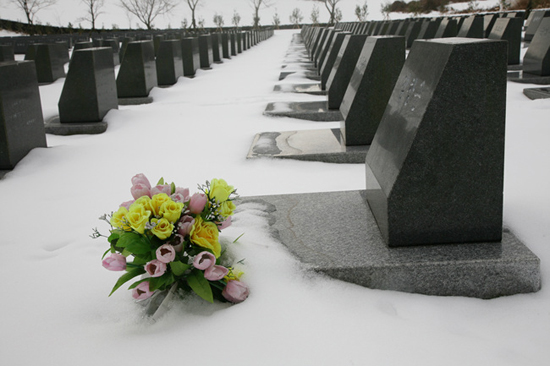 희생자들의 묘역에 놓인 꽃. 하얀 눈과 묘비들이 묘한 감정을 불러일으킨다. 