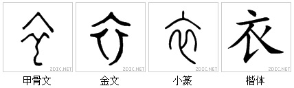 옷 의(衣)는 사람이 옷을 걸친 모양이다. 위의 첫 획이 빳빳하게 세운 옷깃, 양쪽으로 뻗은 것이 옷소매, 위 아래로 교차하는 것이 옷자락을 나타낸다. 