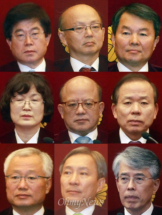 서기석(사진 위 왼쪽부터), 안창호, 이진성, 이정미, 박한철 헌법재판소 소장, 김이수, 김창종, 강일원, 조용호 헌법재판관.