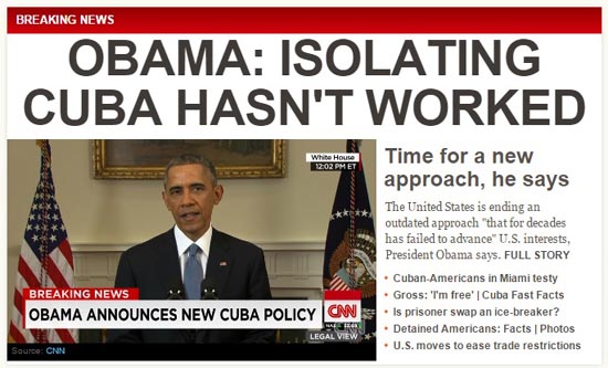 버락 오바마 미국 대통령의 쿠바 국교정상화 선언을 보도하는 CNN 뉴스 갈무리.