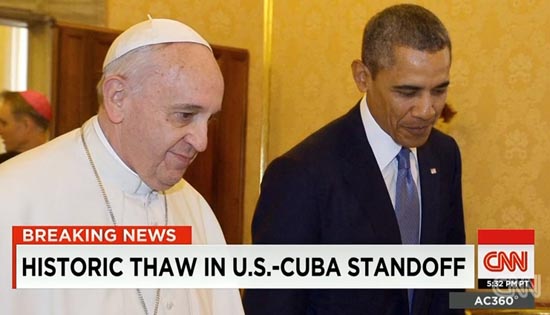 미국과 쿠바의 국교정상화에 프란치스코 교황의 역할을 소개하는 CNN 뉴스 갈무리.