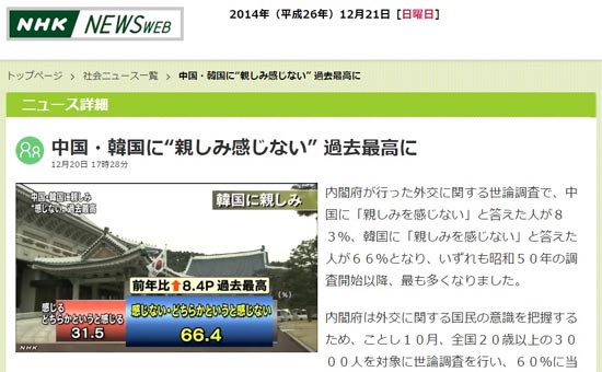 한국에 대한 일본 정부의 국민의식 조사 결과를 보도하는 NHK 뉴스 갈무리.