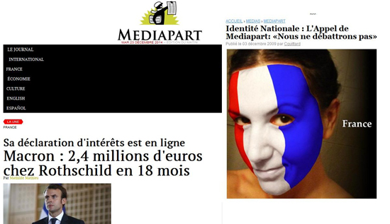 <메디아파르트> 홈페이지를 캡쳐한 모습(왼쪽). 사르코지 정부의 국민정체성에 대한 대토론(grand debat)을 반대하기 위해 <메디아파르트>가 서명운동에 사용한 프랑스의 3색기(오른쪽). 국민정체성의 강조는 '인권의 나라' 프랑스의 가치에 위배됨을 환기시킨다.   