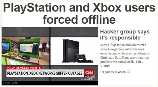 소니와 마이크로소프트(MS)의 온라인 엔터테인먼트 서비스 웹사이트 해킹 사건을 보도하는 CNN 뉴스 갈무리.