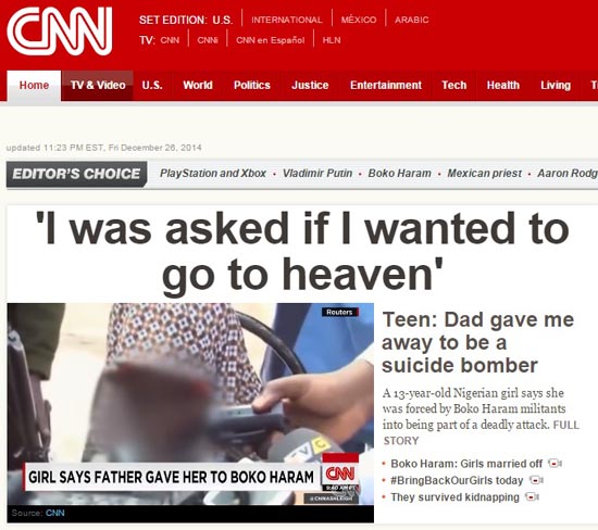 친부와 보코하람에 의해 자살폭탄 테러를 강요받았다는 나이리지아 13세 소녀의 인터뷰를 보도하는 CNN 뉴스 갈무리.