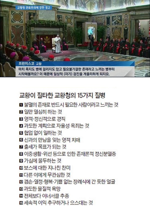 교황이 질타한 교황청의 15가지 질병 지난 12월 22일, 프란치스코 교황이 교황청 최고성직자 기구 쿠리아와의 연례모임에서 관료주의를 질타하고 있다.