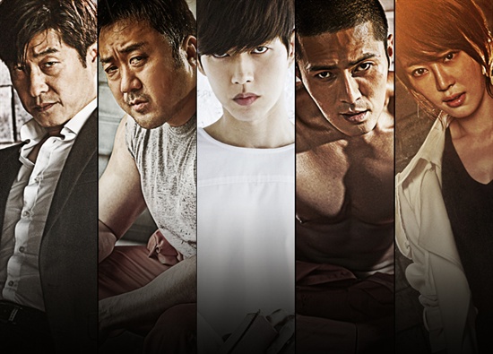  OCN <나쁜 녀석들> 주연 5인. 왼쪽부터 김상중, 마동석, 박해진, 조동혁, 강예원.
