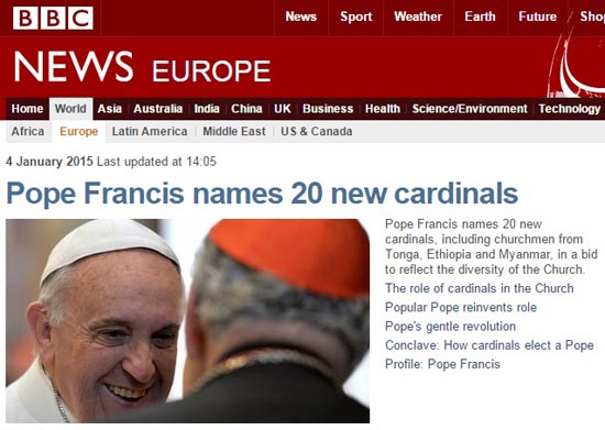 프란치스코 교황의 새 추기경 임명을 보도하는 영국 BBC 뉴스