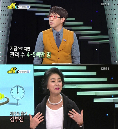  KBS 1TV < 시간여행자 K >에 출연한 이동진 영화평론가(위)와 배우 김부선.