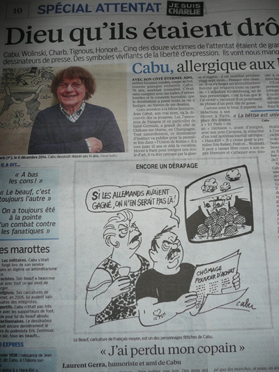 일간지 <오주르디 엉 프랑스(Aujourd’hui en France)> 8일자에 실린 캬뷰의 사진과 만화