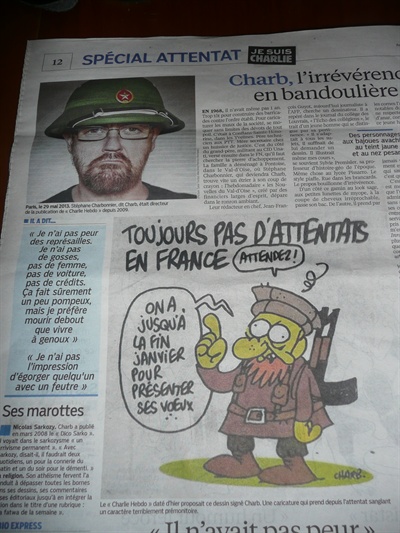 일간지 <오주르디 엉 프랑스(Aujourd’hui en France)> 8일자에 실린 샤르브의 사진과 만화 