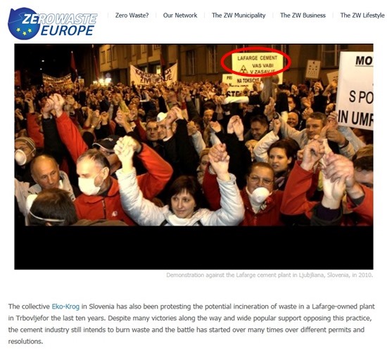 ZERO WASTE EUROPE 홈페이지에 지난 2014년11월14일자 뉴스입니다. 2010년 슬로베니아 국민들이 라파즈시멘트공장의 스레기소각을 반대하는 시위를 했음과 해외 여러나라 사람들이 모여 시멘트 공장의 쓰레기 소각에 대해 반대 의견들을 나눴다고 밝히고 있습니다. 환경부의 주장과는 달리 해외의 시민들도 쓰레기시멘트에 찬성하지 않습니다. 
