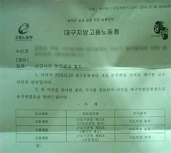  대구지방고용노동청은 지난해 대구문화재단에서 부당해고를 당한 김아무개씨가 제소한 고소사건을 조사해 12월 30일 문무학 대구문화재단 대표를 근로기준법 위반 혐의로 대구지검에 기소의견으로 송치했다.