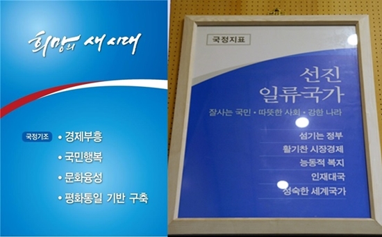 잘못된 국정지표 액자 집권 3년 차를 맞은 박근혜 정부는 '희망의 새시대'를 국정비전으로 내걸었다. 하지만 서울시청 서소문별관1동 13층 대회의실의 벽면에는 MB정부의 국정지표 액자가 여전히 그대로 내걸려 있다.