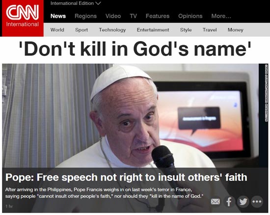 극단주의자의 테러와 표현의 자유에 대한 프란치스코 교황의 의견을 보도하는 CNN 뉴스 갈무리.