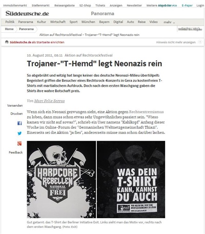 네오나치를 대상으로 한 티셔츠 프로젝트에 대해 보도한 독일 언론 <디 자이트> 화면

