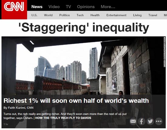전 세계 부의 불평등 심화를 담은 옥스팜 보고서를 보도하는 CNN 뉴스 갈무리.