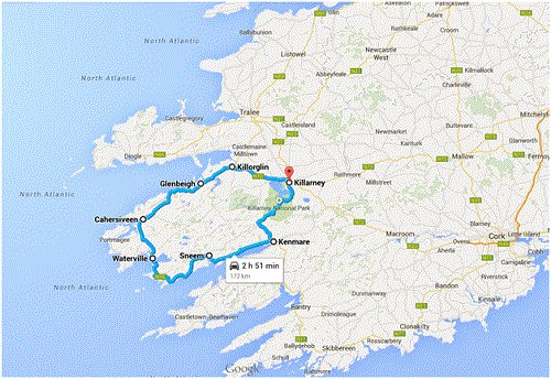 카운트 케리는 아일랜드 남서쪽에 위치하는 곳이며 케리 순환도로는 이베라 반도 안의 182km 순환도로를 일컫는다. 이베라 반도 위에 튀어나와 있는 곳이 딩글반도이다.