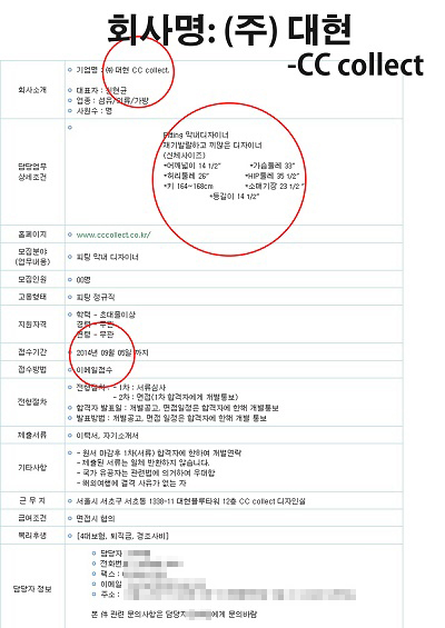 (주)대현의 CC Collect는 지난해 9월 5일을 마감일자로 낸 막내 디자이너를 구한다는 공고의 담당업무 상세조건에 특정신체 사이즈를 제시했다.