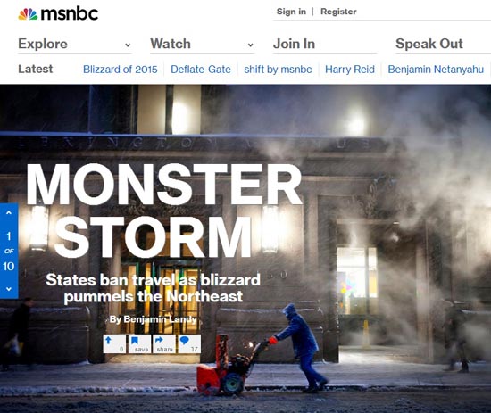 미국 동북부를 강타한 눈폭풍 사태를 보도하는 NBC 뉴스 갈무리