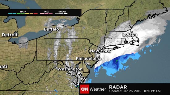 미국 동북부의 눈폭풍 기상도를 보도하는 CNN 뉴스 갈무리.