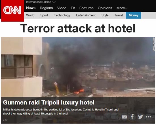 리비아 수도 트로폴리의 고급 호텔에서 발생한 이슬람국가(IS)의 테러 사건을 보도하는 CNN 뉴스 갈무리.