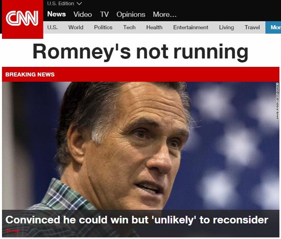 미트 롬니 전 공화당 대선 후보의 대권 재도전 포기를 보도하는 CNN 뉴스 갈무리.
