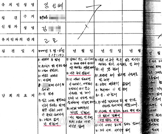 2000년 3월 14일 완도경찰서 유치인 접견록. 경찰서 유치장 근무자가 작성한 대화록을 보면 김신혜는 시종일관 범행을 부인한다. 또 김신혜가 "사실대로 말했는데, 조서를 받지 않는다. 사람 취급을 안 한다"고 말한 내용이 고스란히 기록돼 있다. 