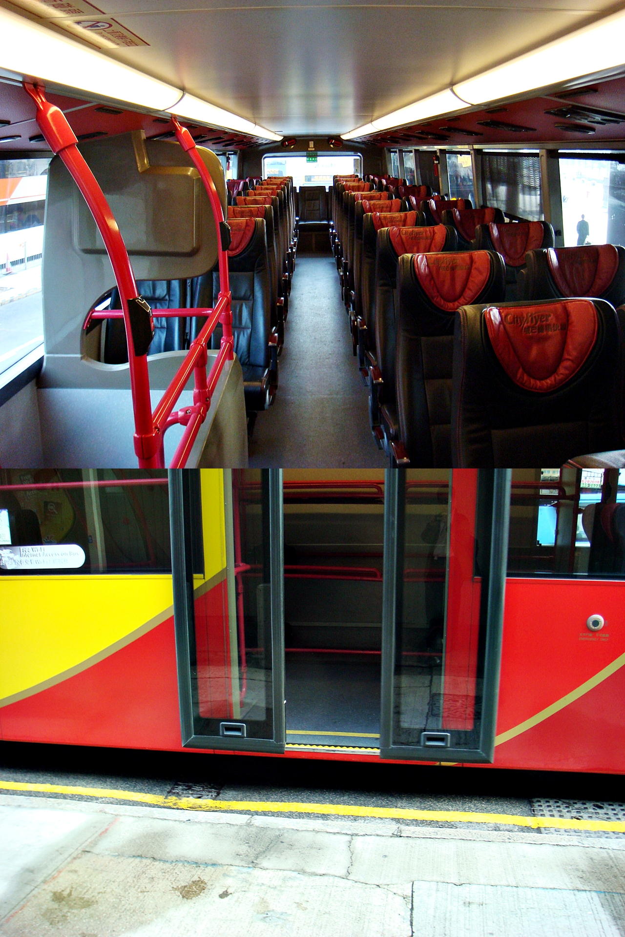 홍콩의 2층 공항버스. 2층에서는 편안한 좌석을 제공하며, 1층은 저상구조로 계단이 없어서 짐이 많은 일반인도 편리하다