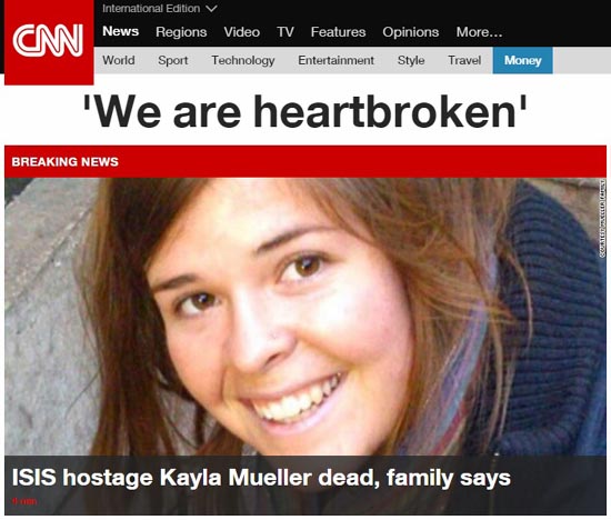 이슬람국가(IS)의 미국인 여성 인질 사망을 보도하는 CNN 뉴스 갈무리.