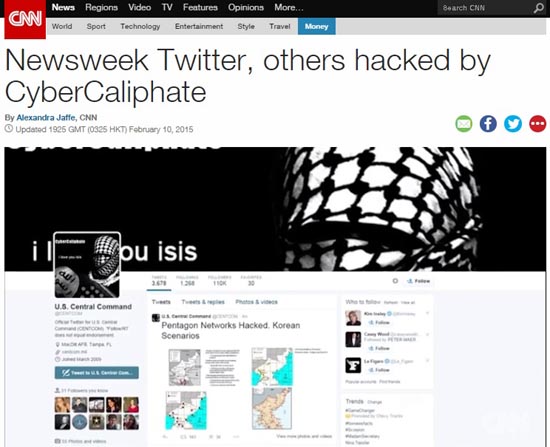 이슬람국가(IS)의 해킹과 버락 오바마 대통령 위협을 보도하는 CNN 뉴스 갈무리.