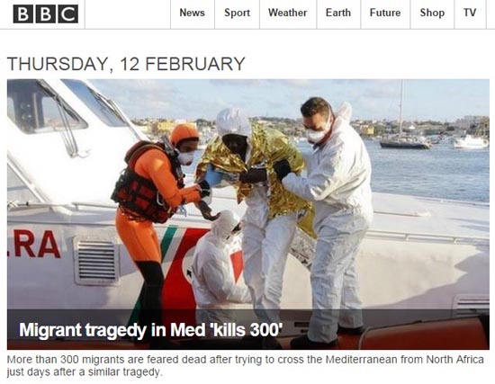 아프리카에서 유럽으로 향하던 난민선의 침몰 사고를 보도하는 BBC 뉴스 갈무리.